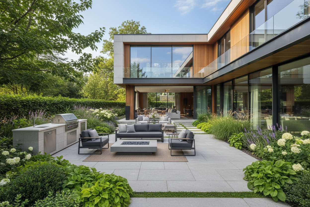 Generate a banner image suitable for a premium online store, but with natural lighting. Feature a  photorealistic "Luxury" vibe of a modern architectural high end light and welcoming relaxing a beautiful house with a lush garden and a bosy outdoor area, with a fire pit, a bbq and patio furniture, as the clear focus.